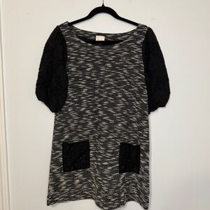 Anthropologie Sweater Dress Small Black Gray Textured Knit Puff Sleeve Pockets
